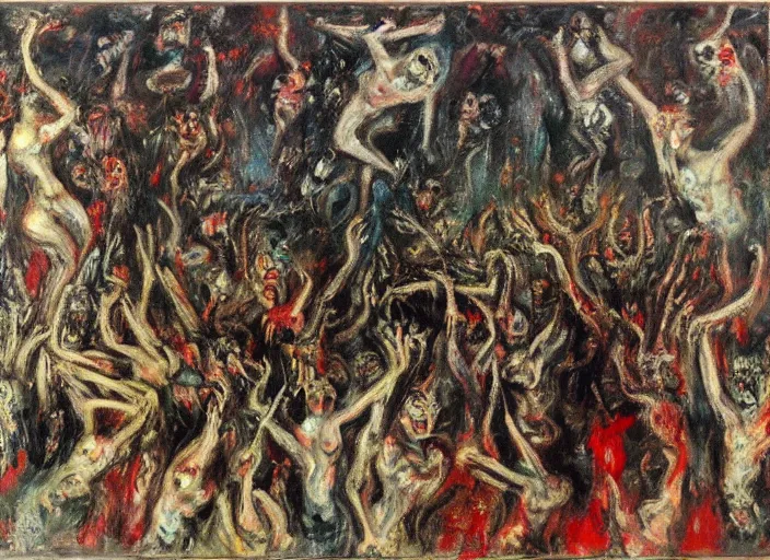 Prompt: mosh pit full of demons and beautiful women in hell ’ s nightclub, sfumato abstract oil on canvas, by rothko, by jackson pollock, by monet