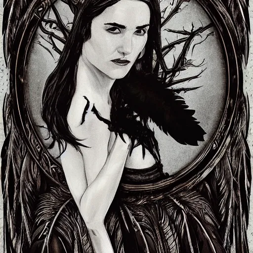 Prompt: young innocent jennifer connelly as innocent gothic beauty with black feathers instead of hair, pale and sickly, goosebumps, eyes closed, mutant, sad, feathers growing out of skin, sitting in opulent wheelchair, romantic, comic book cover, vivid, beautiful, illustration, highly detailed, rough paper, dark, oil painting