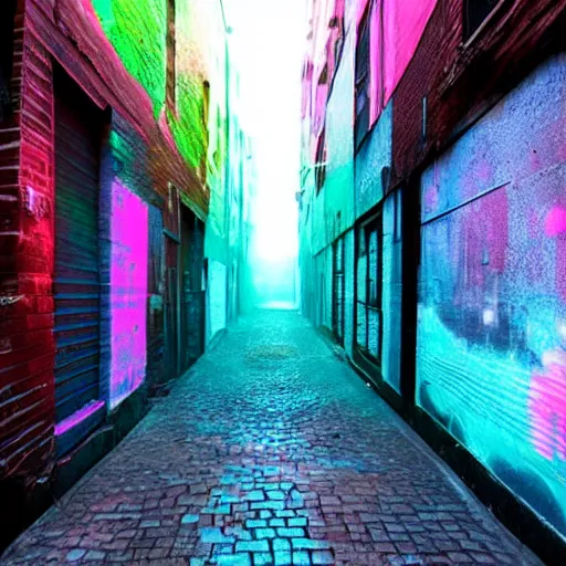 Prompt: a grunge looking street alley, El Principio Holográfico que compara el universo con un holograma, explicado de manera sencilla