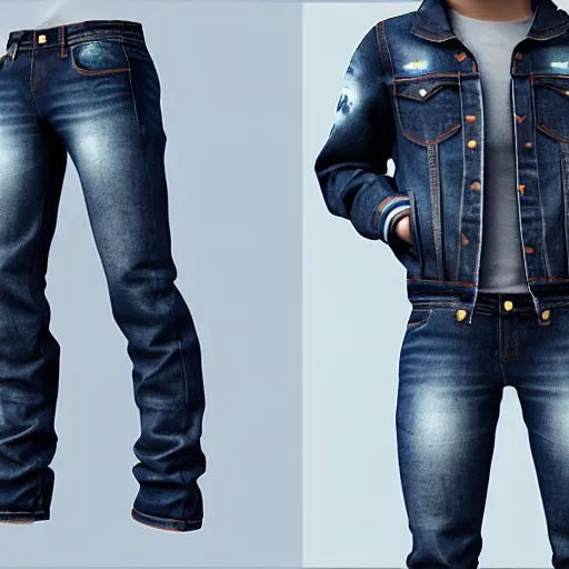 Image similar to a jacket jeans product concept, japanese street style, 3 d art, unreal engine 5, high render, high detail, octane render, studio photo, 3 d mockup