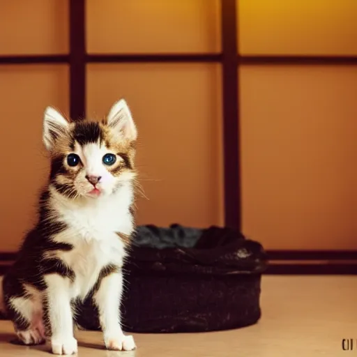 Prompt: puppy kitten inside a japanese thrift store, cinematic light, warm colours, atmospheric, bokeh, 8 k photography