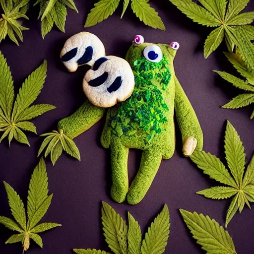 Image similar to cookie monsta plush made of weed buds eating a cookie photography portrait stylised jonathan zawada lit from multiple angles soft