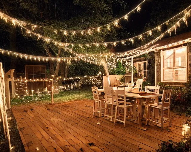 Image similar to a still photo of a backyard at night with fairy lights, house on the left side with wooden flooring, warm lighting, tumblr aesthetic