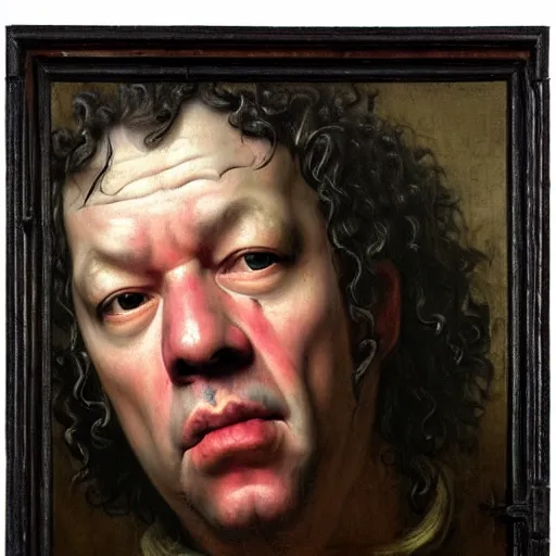 Image similar to A 17th century Baroque Painting of Dean Ween, grainy, realistic, hyperrealistic, very realistic, very very realistic, highly detailed, very detailed, extremely detailed, detailed, digital art, trending on artstation, detailed face, very detailed face, very detailed face, realism, HD Quality, 8k resolution, intricate details, body and head in frame, painting, oil painting, trending on deviantart, Baroque Painting
