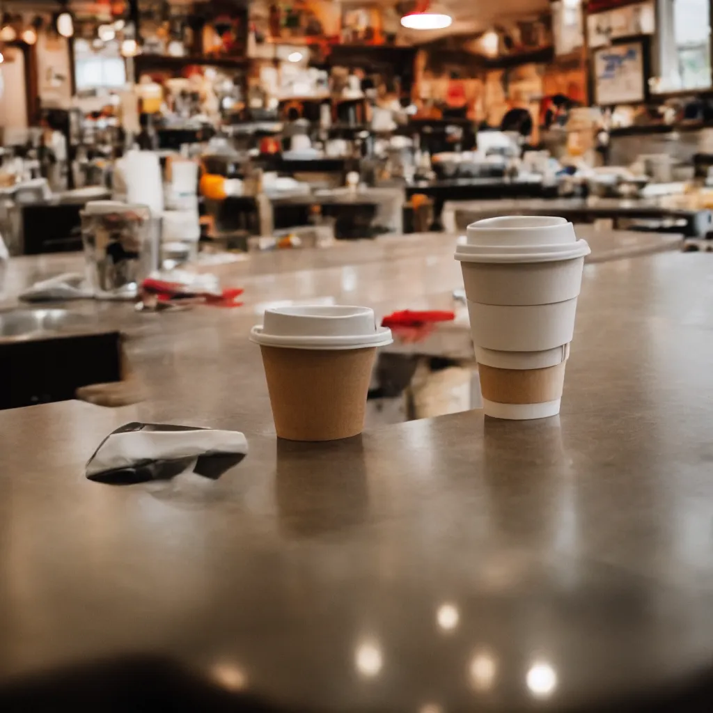 Image similar to a disposable coffee cup sitting on a diner counter, Sigma 24 mm f/8 – wider angle