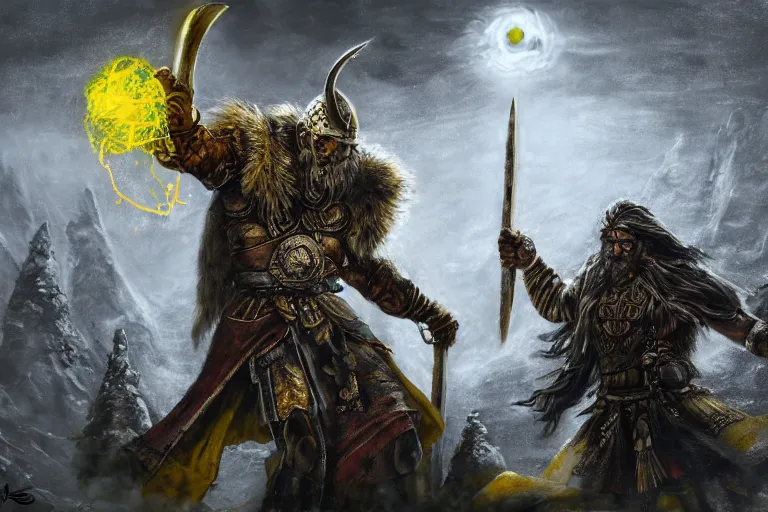 Prompt: mythological warrior viking Shaman of artificial intelligence creating an artificial neural network with yellow synapses on an anvil, dark mystical valhalla in the background, high resolution, award winning art, trending on art station, sharp image, incredibly detailed, detailed character realistic painting,