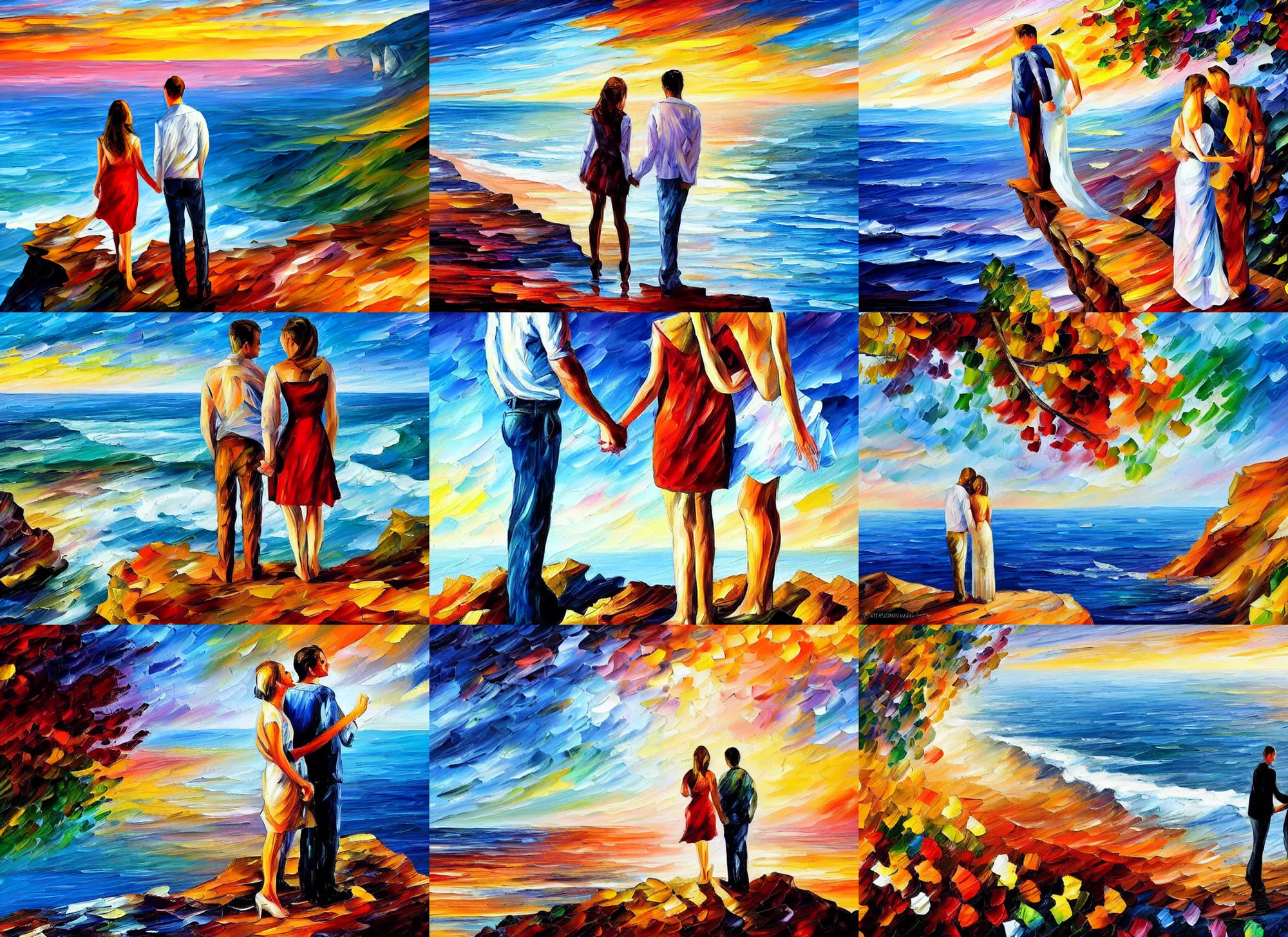 Prompt: a man and woman holding hands, standing on the edge of a cliff, over - looking the ocean. palette knife oil painting on canvas by leonid afremov.
