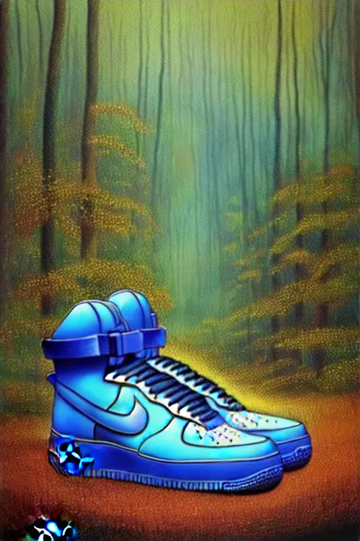 Image similar to realistic detailed painting of a pair of nike air force one sneakers, futuristic sci-fi forest on background by Moebius, rich moody colours, blue eyes