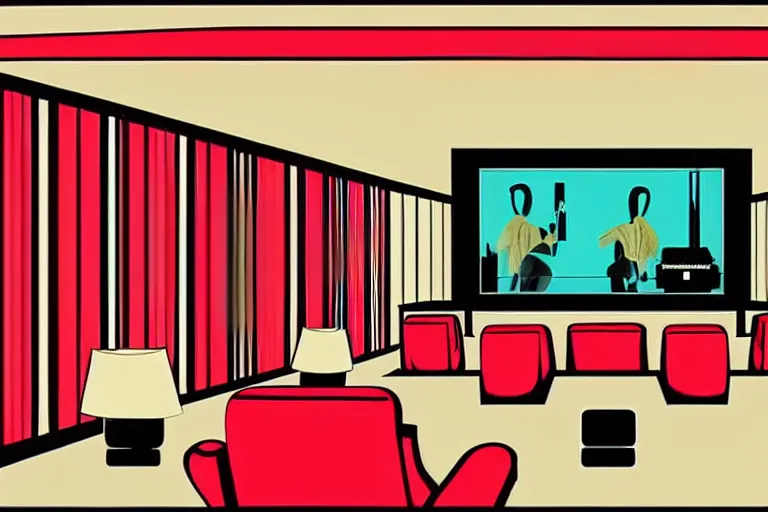 Image similar to very wide view, a modern home movie theater with big screen, stylish sconces, old popcorn machine!, movie posters!, very happy, interior designed by kelly wearstler, rough color pencil illustration