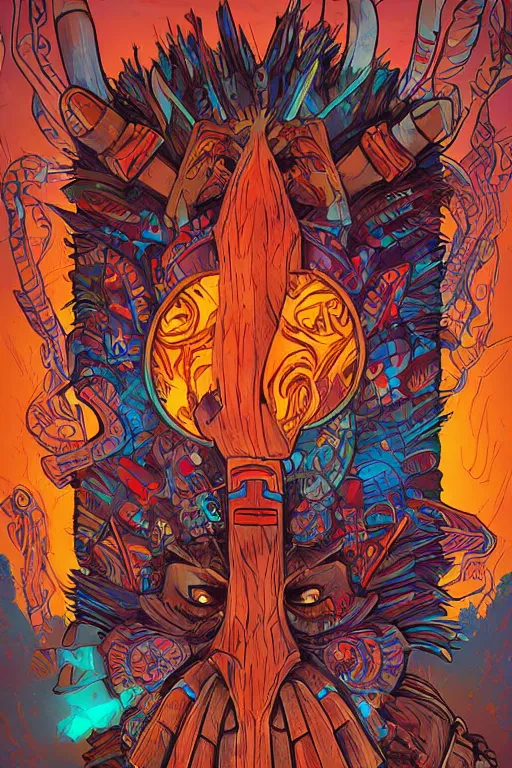 Image similar to totem animal tribal chaman vodoo mask feather gemstone plant wood rock video game illustration vivid color borderlands by josan gonzales and dan mumford radiating a glowing aura