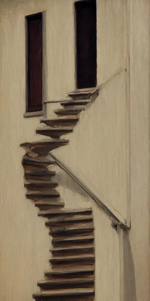 Image similar to impossible stairs, cinematic and highly detailed oil painting by josep tapiro baro and edward hopper, trending on artstation, oil painting masterpiece, symmetry, mysterious, very very very aesthetic