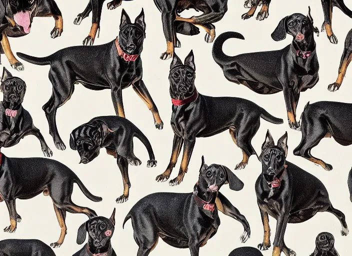 Image similar to pattern dobermage puppies, blackskulls, elegant, dark matte, nsanely detailed and intricate, hypermaximalist, elegant, ornate, hyper realistic, super detailed , by James Audubon