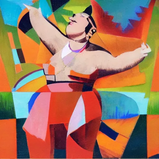 Image similar to fat mexican woman dancing, brilliant sunset, cubism, texture, no collage