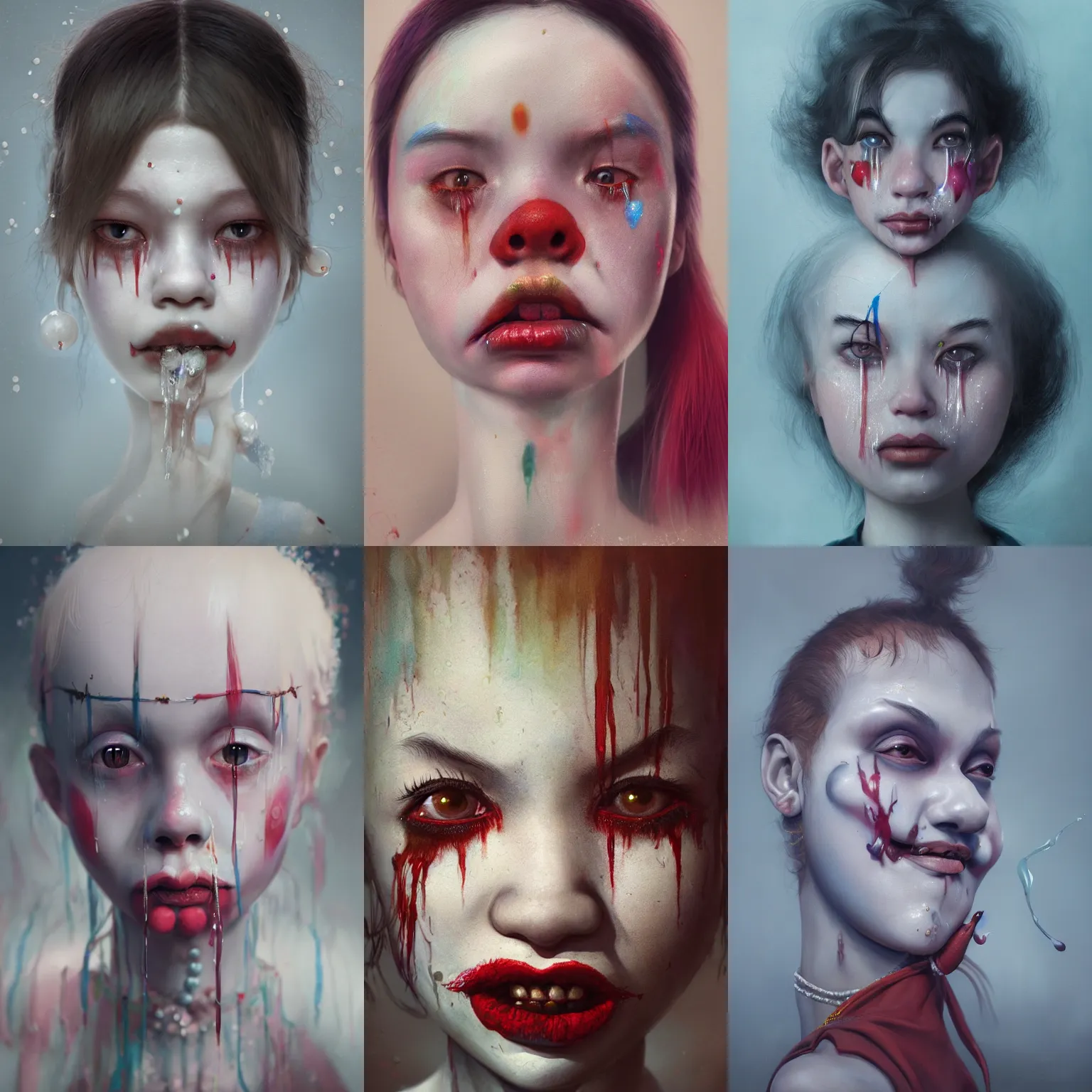 Image similar to breathtaking detailed painting of clown girl tears, with anxious, piercing eyes, art by Hsiao-Ron Cheng, Ja Miyazaki, extremely moody lighting, hyperrealistic, octane render, ambient light, dynamic lighting