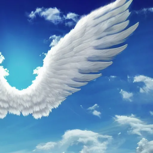 Image similar to bright blu sky. fluffy clouds. angels with big wings wake - up