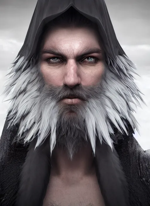 Image similar to A striking hyper real painting of a winged aasimar hexblade warlock, short beard, black cloak, silver hair, unreal 5, DAZ, hyperrealistic, octane render, cosplay, RPG portrait, dynamic lighting