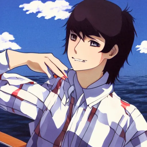 Image similar to anime illustration of young Paul McCartney from the Beatles, wearing a blue and white check shirt, silver sports watch, on a yacht at sea, relaxing and smiling at camera, white clouds, ufotable