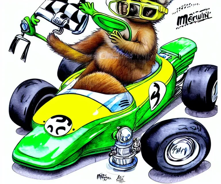 Image similar to cute and funny, racoon wearing a helmet riding in a tiny merlyn formula ford, ratfink style by ed roth, centered award winning watercolor pen illustration, isometric illustration by chihiro iwasaki, edited by range murata