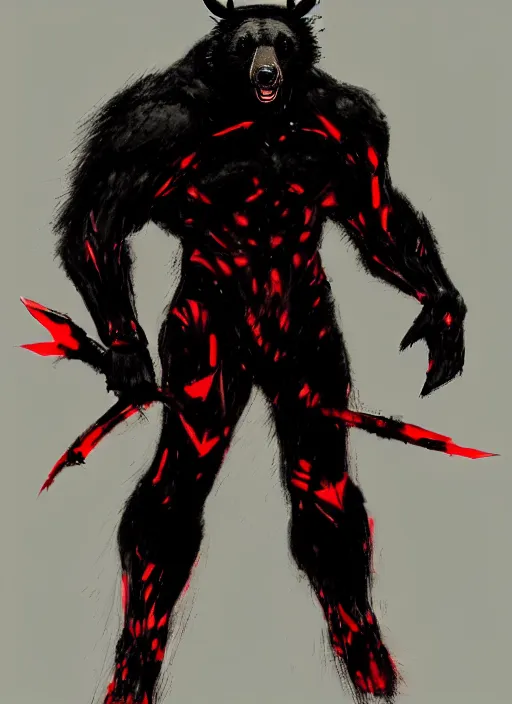 Prompt: Full body portrait of horned black bear with sharp claws and red eyes. In style of Yoji Shinkawa and Hyung-tae Kim, trending on ArtStation, dark fantasy, great composition, concept art, highly detailed.