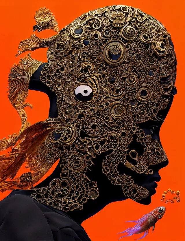 Image similar to 3 d goddess close - up profile portrait biomechanics with ram skull. beautiful intricately detailed japanese crow kitsune mask and clasical japanese kimono. betta fish, jellyfish phoenix, bio luminescent, plasma, ice, water, wind, creature, artwork by tooth wu and wlop and beeple and greg rutkowski. gold black teal and orange color scheme