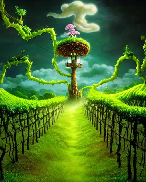 Prompt: beautiful fabulous magical diorama scene of a whimsical beanstalk growing up to the clouds, epic lighting, vines and moss, natural green in the style of studio ghibli hayao miyazaki jack and the beanstalk