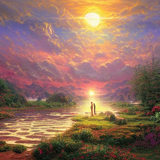 Prompt: A landscape with two suns, one setting and one rising, D&D, fantasy, magic the gathering artwork, symmetrical, desperate, hope, courage, by Thomas Kinkade