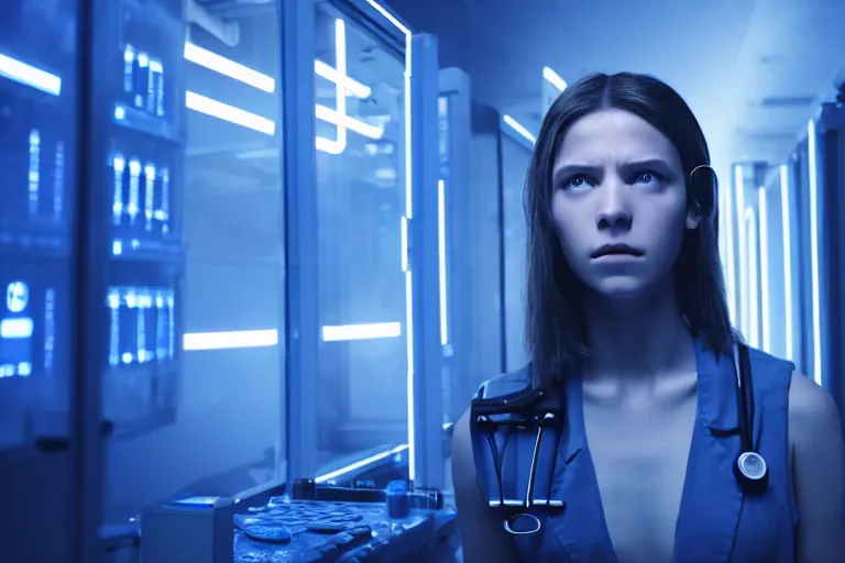 Prompt: promotional image from a dystopian sci - fi movie, a girl in a dark dystopian lab, blue lighting, muted colors, medical equipment, 8 k, cinematic, dramatic lighting, very detailed face, movie still frame, promotional image, imax 7 0 mm footage