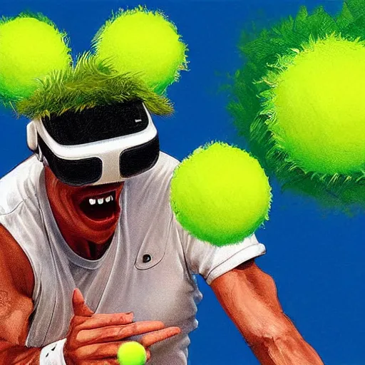 Image similar to a tennis ball monster wearing VR Google playing virtual tennis, digital art, fantasy, magic, trending on artstation, ultra detailed, professional illustration by Basil Gogos