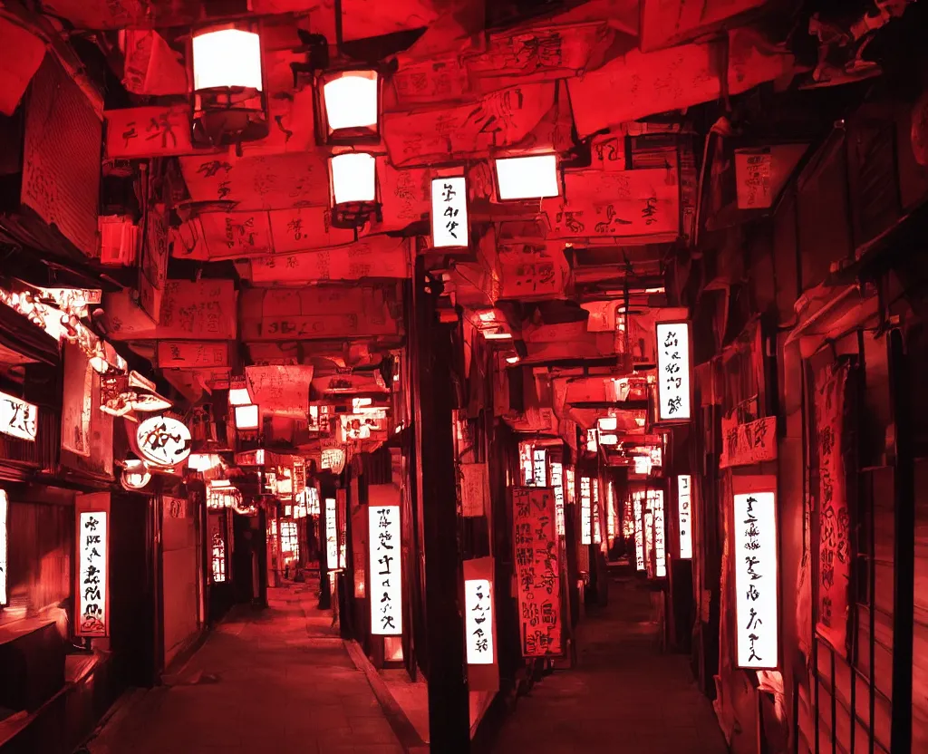 Image similar to spooky photo of a dark infinite hallway of a japanese izakaya with open lit doorways all the way down, dramatic lighting, smoke, ceiling fluorescent lighting, black and red colour palette