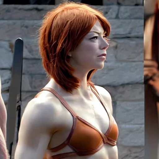 Prompt: first photos of 2 0 2 4 female 3 0 0 remake - muscular emma stone as leonidas, put on 1 0 0 pounds of muscle, looks different, steroids, hgh, ( eos 5 ds r, iso 1 0 0, f / 8, 1 / 1 2 5, 8 4 mm, postprocessed, crisp face, facial features )