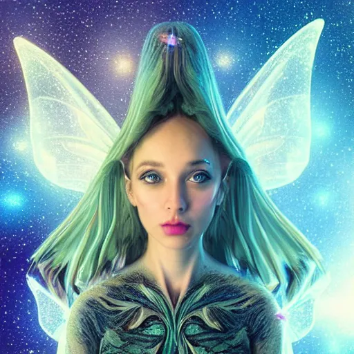 Image similar to portrait of a magical fairy made of galaxies, highly detailed, realistic, octane render, comic book art, space travel, unreal engine, sharp focus