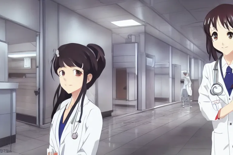 Image similar to a cute and beautiful young lady, a radiologist wearing white coat in a hospital building, highly detailed, slice of life anime, illustration, anime scenery by Makoto shinkai
