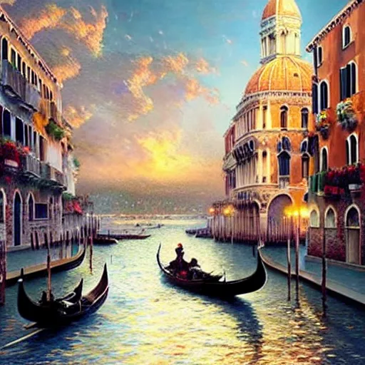 Prompt: you may say i'm a dreamer, but i'm not the only one. i hope someday you'll join us. and the world will live as one, italy, venice, artwork by artgerm, rendered in pov - ray, style by greg rutkowski and thomas kinkade and tim burton