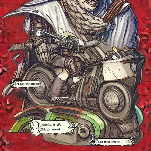 Image similar to dungeons and dragons, wizard on a motorcycle, concept art, players handbook, very detailed, mechanic, schematic, illustration, stats