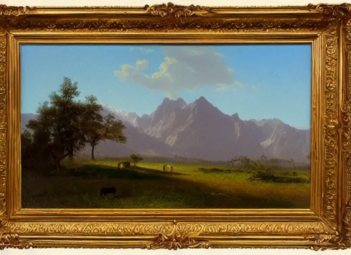 Image similar to painting of a horse on a field in front of beautiful mountains by albert bierstadt