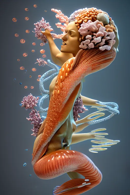 Image similar to a sculpture of fish ocean intertwined, diode lighting, a lovely cornucopia of flowers and human body parts, body parts, highly detailed, octane render, cinematic, sharp focus, clean, studio lighting