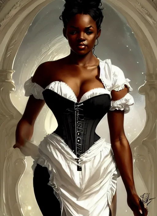 Image similar to cute black woman wearing a white corset dress, fantasy, intricate, highly detailed, digital painting, artstation, concept art, wallpaper, smooth, sharp focus, illustration, art by artgerm and greg rutkowski and alphonse mucha