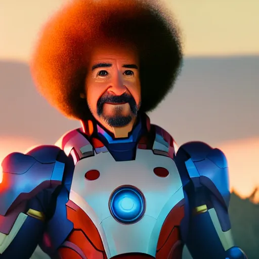 Prompt: a still of Bob Ross as Ironman. Magic Hour. Professional photography, 4K. Mood