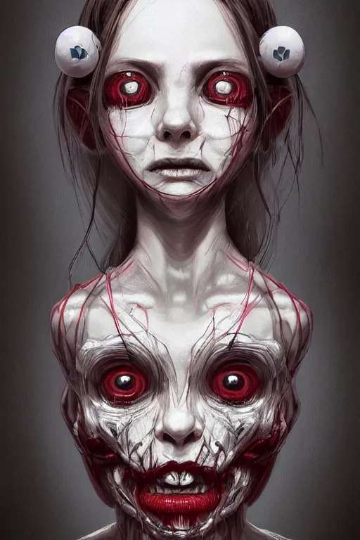 Image similar to cartoon portrait of a creepy horror nurse girl . intricate abstract. intricate artwork. nightmare fuel. terrifying. by Tooth Wu, wlop, dan mumford , trending on artstation, greg rutkowski very coherent symmetrical artwork. cinematic, hyper realism, high detail, octane render, 8k