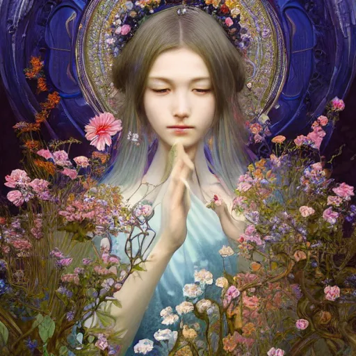 Image similar to breathtaking detailed concept art painting of the goddess of nemophila flowers, orthodox saint, with anxious, piercing eyes, ornate background, amalgamation of leaves and flowers, by Hsiao-Ron Cheng, James jean, Miho Hirano, Hayao Miyazaki, extremely moody lighting, 8K