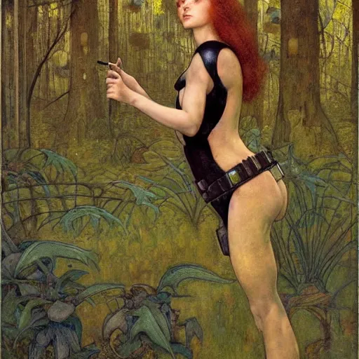 Image similar to beautiful female cyborg with auburn hair and a perfect body, lounging in the Marian forest at dusk, strange insects, by Edgar Maxence and Ross Tran and Michael Whelan and Gustav Klimpt