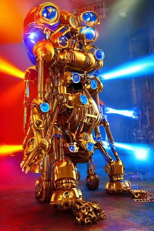 Image similar to portrait photo of a giant huge golden and blue metal humanoid steampunk robot piano player with multicolored big gears and tubes, a red piano, eyes are glowing red lightbulbs, shiny crisp finish, 3 d render, 8 k, insaneley detailed, fluorescent colors, background is multicolored lasershow