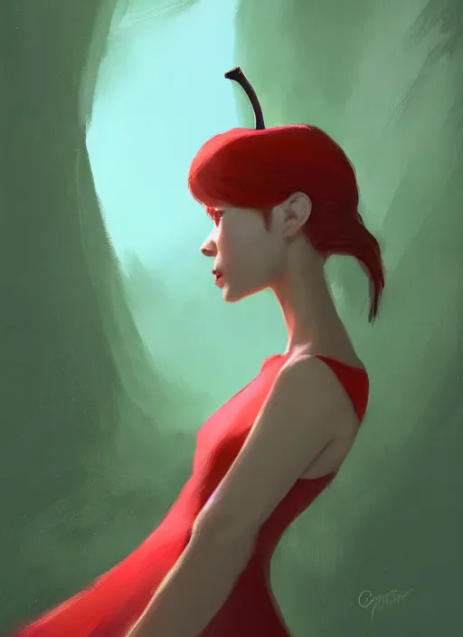 Image similar to a digital painting of a beautiful anthropomorphic humanoid female green apple wearing a red dress, by netter, style from greg rutkowski, beautiful eyes, full frame, oil painting, featured on artstation, concept art, smooth, sharp focus, illustration, very detailed, ambient lighting, unreal engine render, concept art by Atey Ghailan, by Loish, by Bryan Lee O'Malley