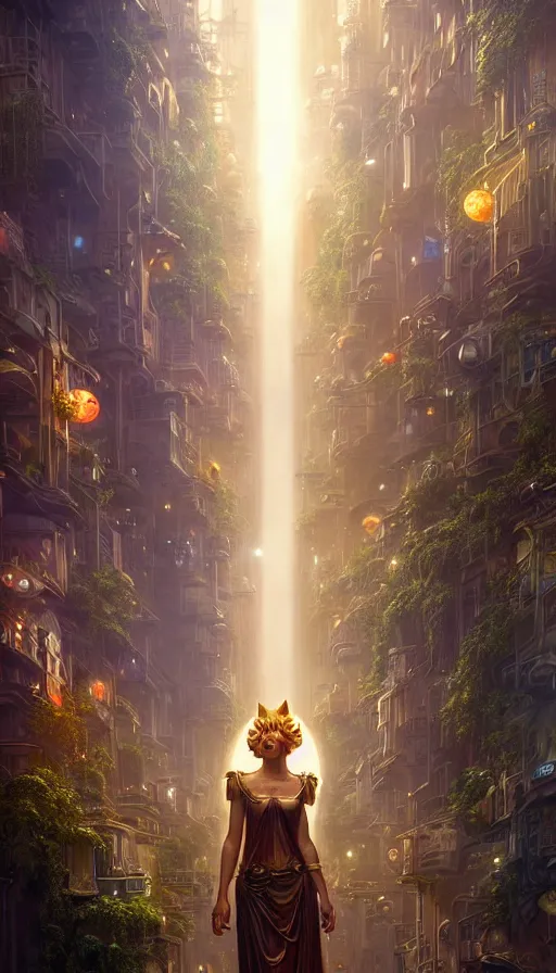 Prompt: golden goddess looking at a hyper realistic cyberpunk city, crowded market street overtaken by lush plants, kittens, full moon, light rays, gnarly trees by tom bagshaw, mucha, gaston bussiere, craig mullins, j. c. leyendecker 8 k