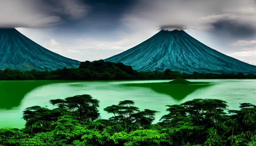 Image similar to a beautiful green scene, guatemalan lake full of water, volcano in background, high definition, beautiful award winning photography, 8 k.