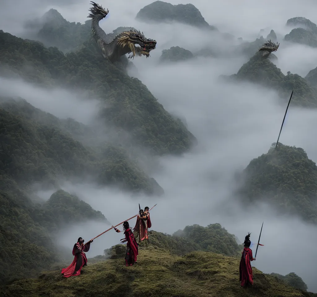 Image similar to a wuxia sword master encounters a big mythical oriental dragon on a misty mountain, 18mm f8 photography,