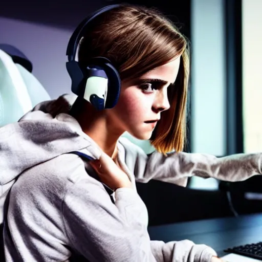 Image similar to model emma watson rgb keyboard wearing a gaming headset wearing hoodie sitting on gaming chair dramatic lighting from monitor light from gaming monitor in gaming room holding gaming controller award winning photo