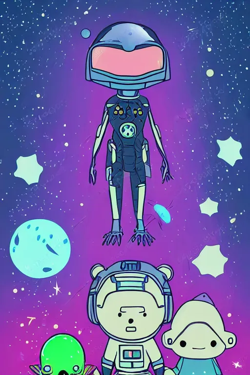 Prompt: beautiful cyber - punk alien with a beautiful boy in pajamas and a bear in his right hand, next to them a ship in the form of a space rocket in the background a galaxy full of stars, a planet full of holes, magic world. children's book cover