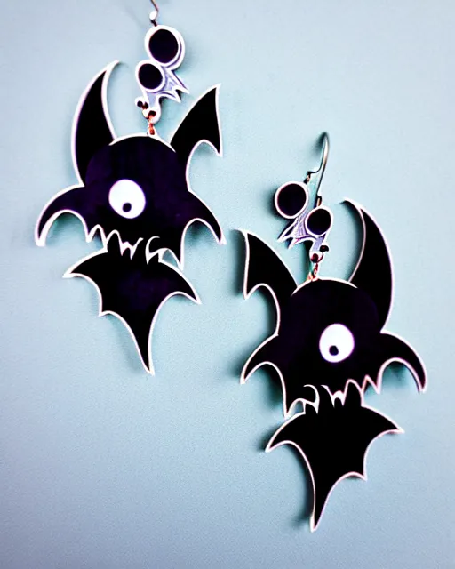 Image similar to spooky cartoon bat, 2 d lasercut earrings, in the style of tim burton