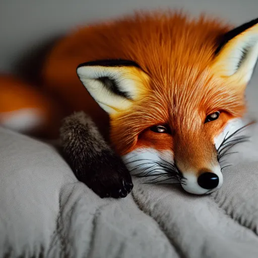 Image similar to a cute photograph of a fox lying in bed sleeping, eyes closed, soft focus, studio lighting, 50mm